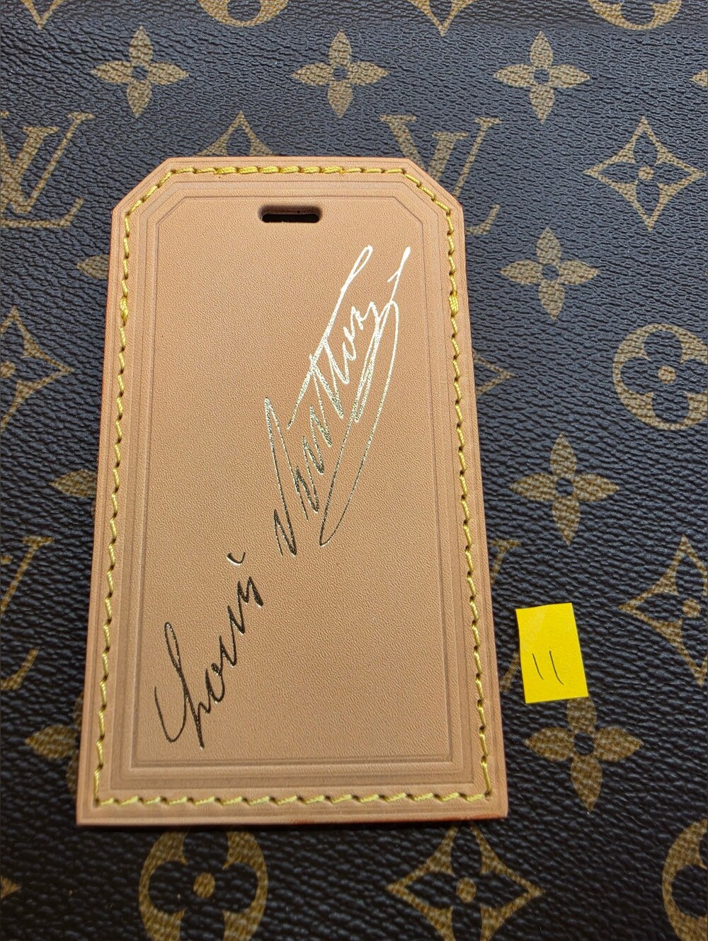 Louis Vuitton Tan Leather Signature Luggage Tag Name Tag with Yellow Stitching - Picture 10 of 10